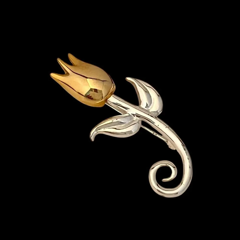 Vintage 1980s AAI Tulip Brooch Two Tone Gold Silver Tone Modernist - 1I
